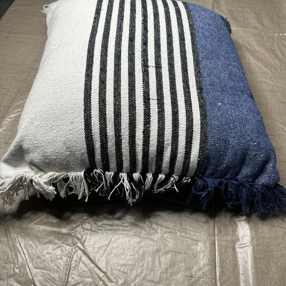 Blue Black Cream Striped Fringe Throw Pillow 20